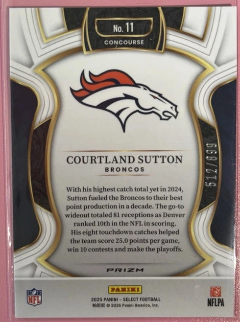 2025 Select Football Courtland Sutton Copper Prizm Shock /899 #11
