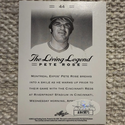 THE LIVING LEGEND AUTOGRAPHED PETE ROSE LEAF #44 TRADING CARD 2012 W/ JSA COA