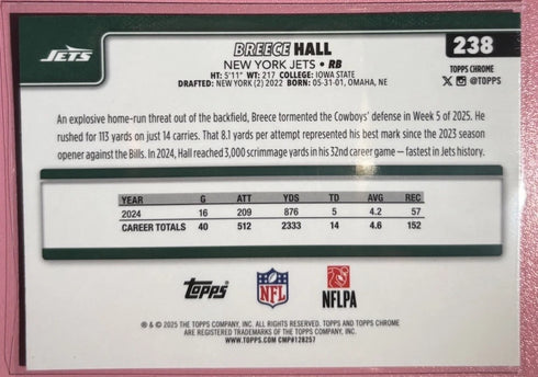 2025 Topps Chrome Breece Hall Wave Parallel #238 New York Jets Football Card
