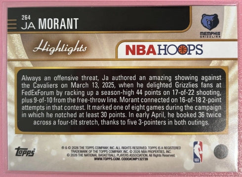 Topps 2025 NBA Hoops Highlights Ja Morant Memphis Grizzlies #264 Hologram