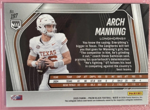 2025 Panini Prizm Black Arch Manning RC Rookie Card Texas College NIL #197 QTY