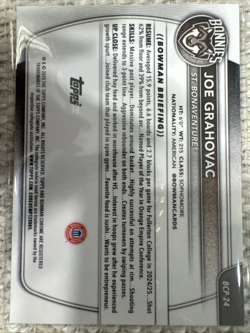 2024 Bowman Chrome Joe Grahovac BCP-24 1st Bowman St. Bonaventure Basketball