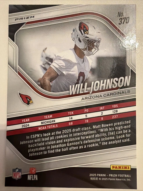 2025 Panini Prizm Will Johnson Rookie White Disco RC Arizona Cardinals