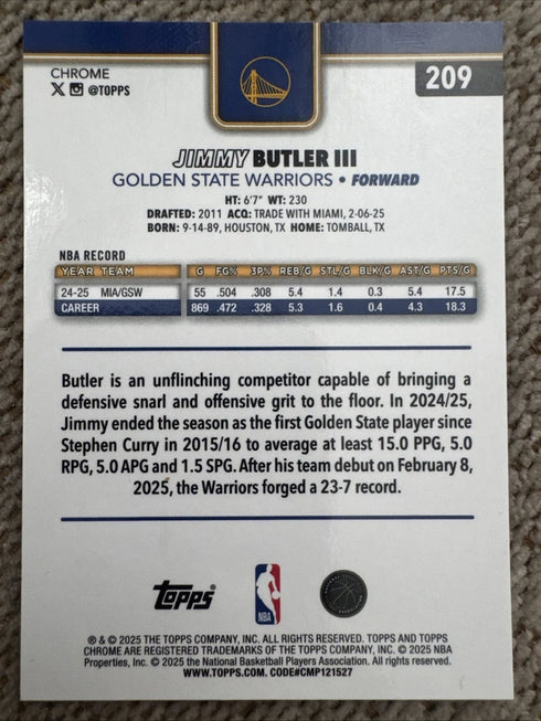 2025-2026 Topps Chrome X-Fractor Jimmy Butler #209 Golden State Warriors