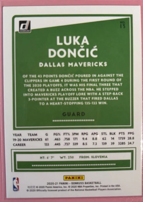 Panini 2020-21 Donruss Luka Dončić #13 Yellow Laser Dallas Mavericks