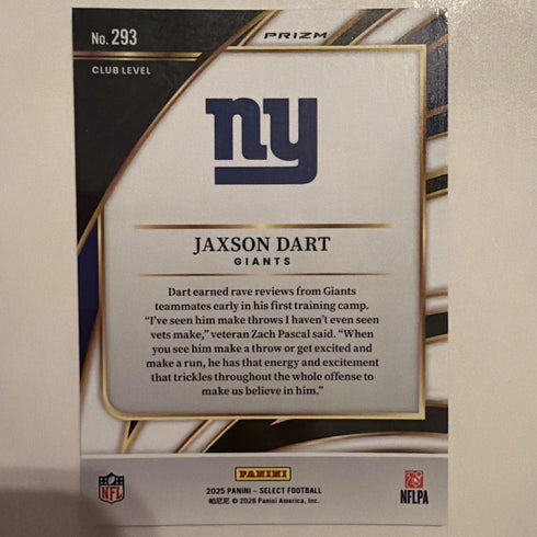 Jaxson Dart 2025 Panini Select Blue Green Prizm Shock Club Level Rookie #293