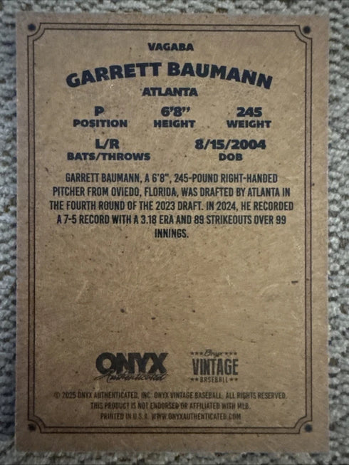 GARRETT BAUMANN 2025 Onyx Vintage #VAGABA Blue Ink On Card Auto