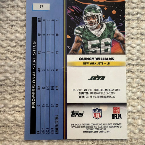 2025 Topps Chrome Cosmic Football Quincy Williams /199 Aqua