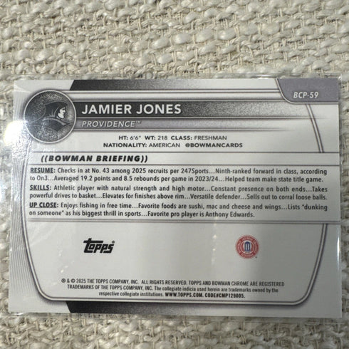 2025-26 Bowman Chrome Jamier Jones Aqua Mojo Refractor /99 BCP-59 1st Bowman