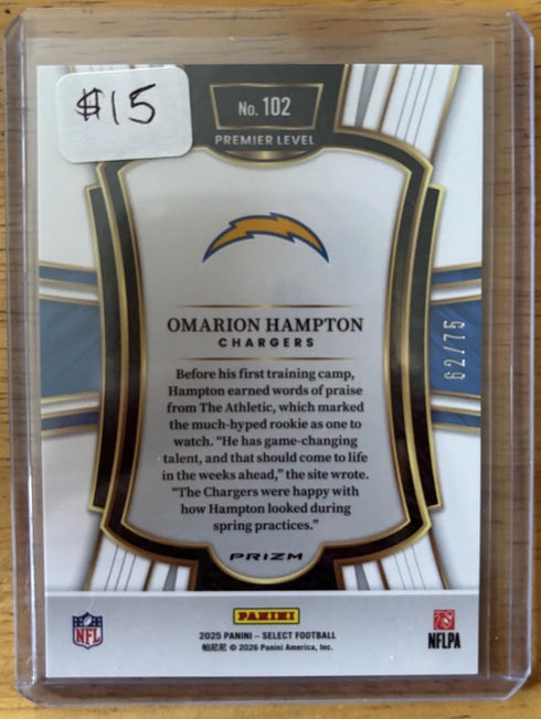 2025 Panini Select Omarion Hampton Premier Level Purple Prizm /75 Chargers #102