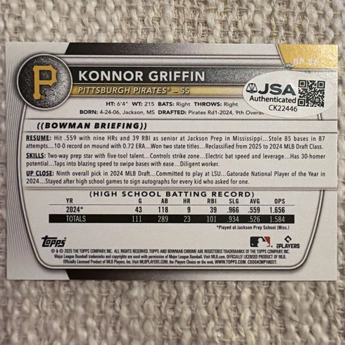 2025 Bowman Prospect Konnor Griffin Signed Autograph Card Pittsburgh Pirates JSA