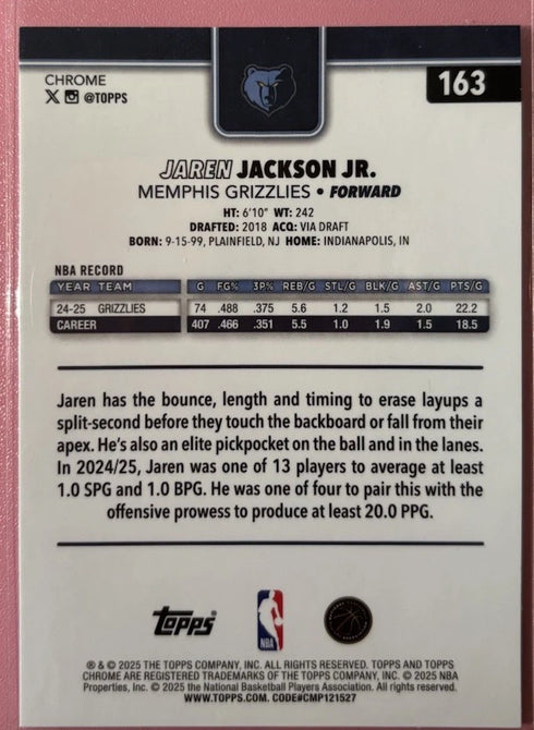 2025-26 Topps Chrome Jaren Jackson Jr. #163 X-Fractor Grizzlies Basketball Card