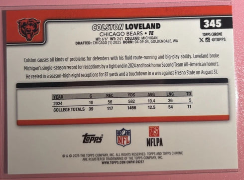 2025 Topps Chrome COLSTON LOVELAND #345 RC Rookie Chrome Base - Bears