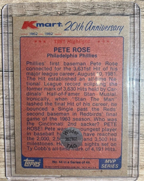 1982 Topps Baseball K-Mart 20th Anniversary # 44 Highlight Pete Rose Wilder Coa