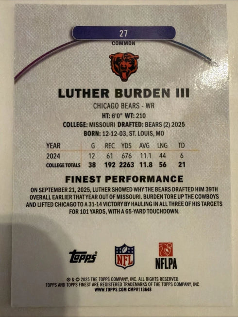 Topps 2025 Finest Rookie Luther Burden III #27 Chicago Bears