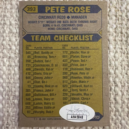 1987 Topps Team Checklist Autographed Pete Rose #393 Baseball Card w/ JSA COA