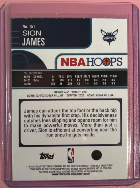 π₯2025-26 Topps Hoops Sion James #151 Rainbow Foil RC Rookie Charlotte Hornets