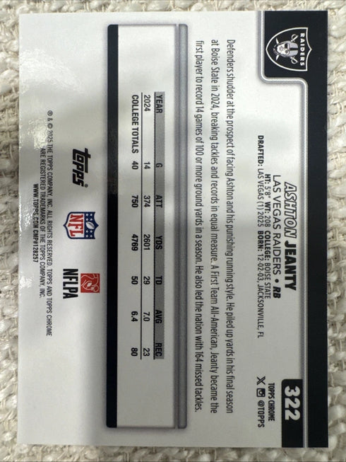 2025 Topps Chrome Football Ashton Jeanty Raywave Rookie RC #322 RAIDERS