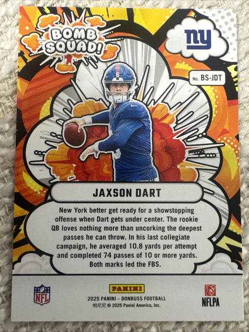 Panini 2025 Donruss Jaxson Dart Bomb Squad Rookie Insert #BS-JDT Giants