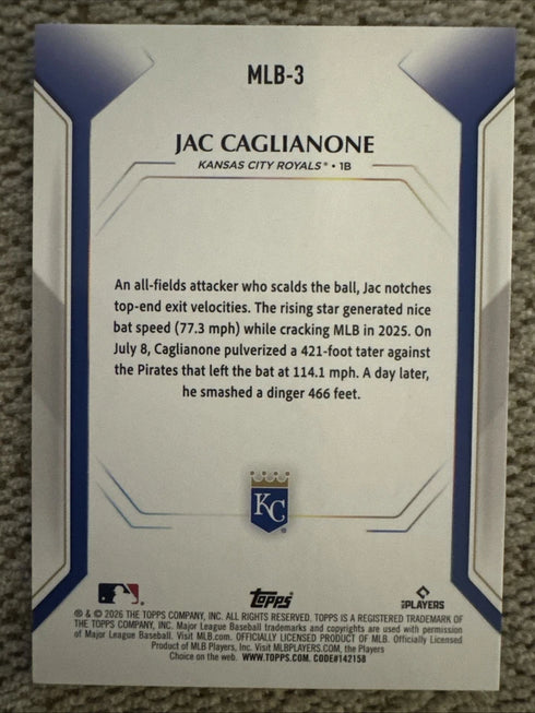 Jac Caglianone 2026 Topps Collector's Kit #MLB-3 Foil Rookie KC Royals Stock A