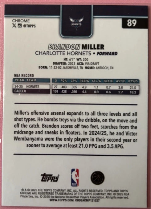 2025-26 Topps Chrome - Brandon Miller X-Fractor #89 - Charlotte Hornets