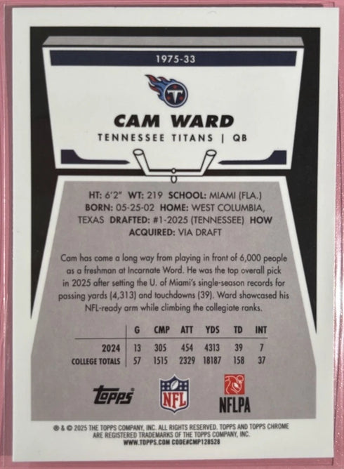 2025 Topps Chrome Football Cam Ward #1975-33 RC Titans