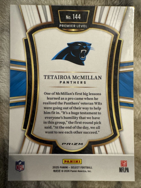 2025 Panini Select - Premier Level Tetairoa McMillan #144 Silver Prizm (RC)