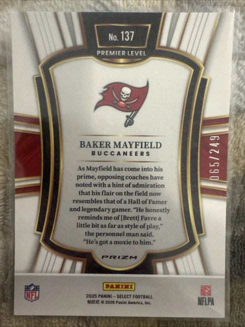 2025 Panini Select - Premier Level Baker Mayfield #137 Red Shock Prizm /249