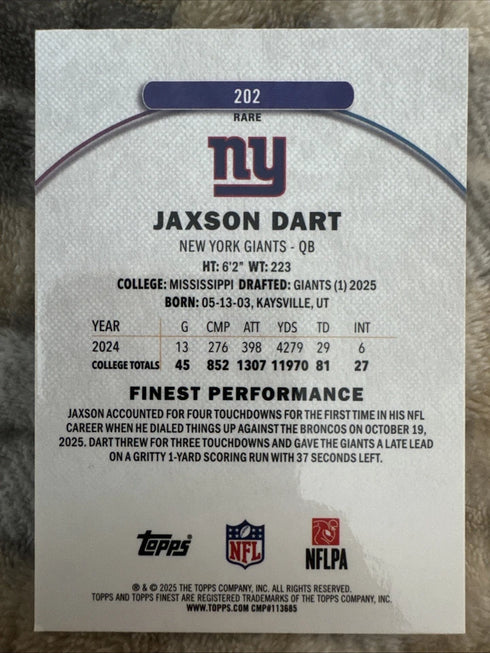 2025 Topps Finest Jaxson Dart RARE RC #202 New York Giants Rookie