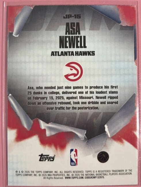 Topps 2026 NBA Hoops Rookie Insert Hologram Asa Newell Atlanta Hawks Packed
