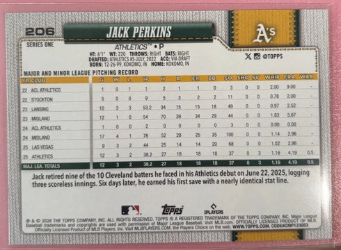 2026 Topps Series 1 - Jack Perkins RC Spring Training Oakland Athletics #206