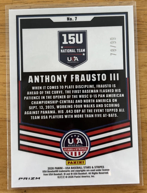 ANTHONY FRAUSTO III 2026 Panini Stars & Stripes Prizm BLUE PRIZM /99