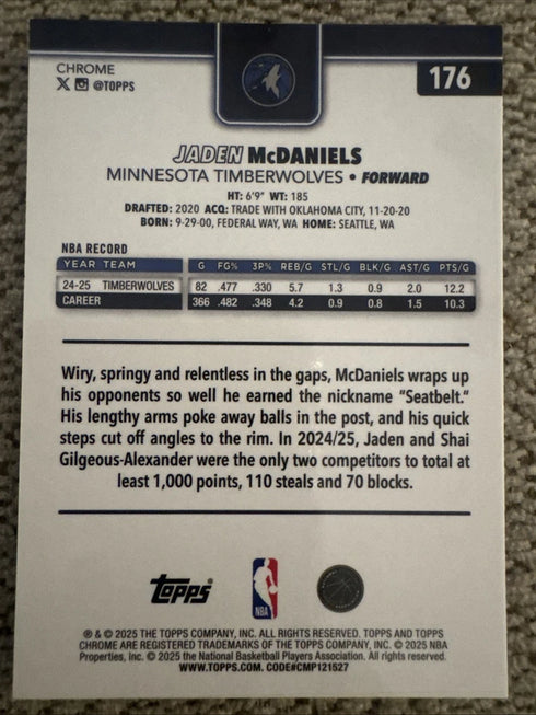 2025-26 Topps Chrome - Jaden McDaniels #176 RayWave Refractor /199