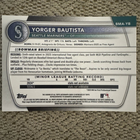 Yorger Bautista /50 Auto RC 2025 Bowman Chrome Card MT Gold MOJO BMA-YB Mariners