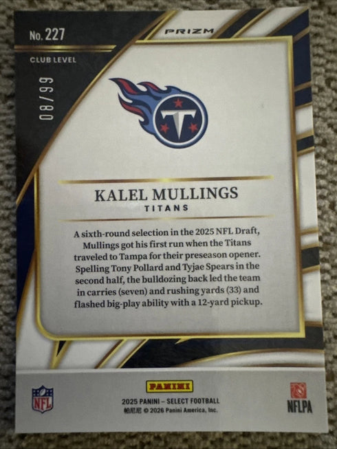 2025 Select KALEL MULLINGS Rookie Blue Prizm Club Level RC #227 Titans SP /99