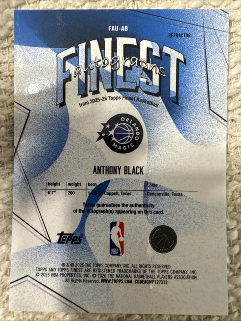 2025-26 Topps Finest - Autographs Anthony Black #FAU-AB Refractor (AU)