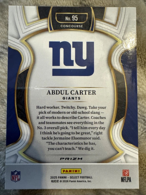 Panini 2025 Select Concourse Abdul Carter #95 Silver Prizm Rookie Giants