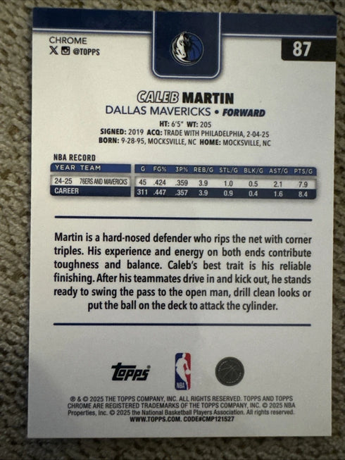 2025-26 Topps Chrome Caleb Martin #87 Green Refractor /99 - Mavericks