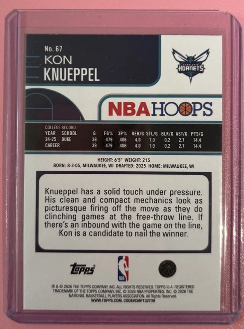 2025-26 Topps NBA Hoops Kon Knueppel (RC) #67 Rainbow Foil Charlotte Hornets