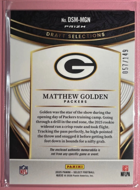 2025 Panini Select Draft Selections Patch MATTHEW GOLDEN (RC) Prizm PACKERS