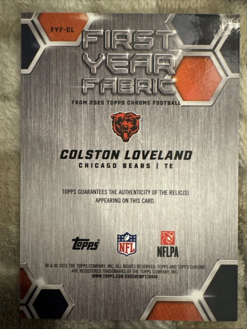 2025 Topps Chrome Football Colston Loveland First year Fabric Relic RC Holo