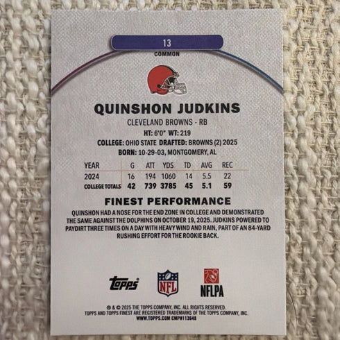 2025 Topps Finest Browns Quinshon Judkins Rookie #13