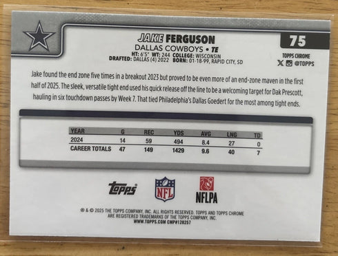 Topps 2023 Chrome Parallel Jake Ferguson #75 Dallas Cowboys Football Card