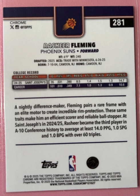 2025-2026 Topps Chrome #281 Rasheer Fleming X Fractor RC Suns