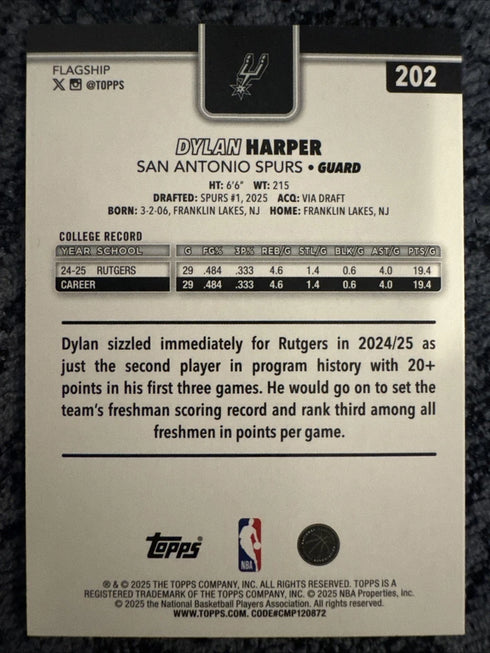 Topps 2025-26 Basketball Dylan Harper Spurs Rainbow Foilboard #202 RC
