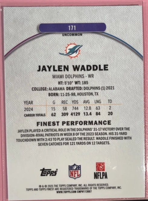2025 Topps Finest Jaylen Waddle Uncommon Sky Blue Refractor /200