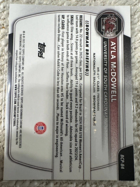2025 Bowman U Chrome Ayla McDowell South Carolina /299 Serial Numbered