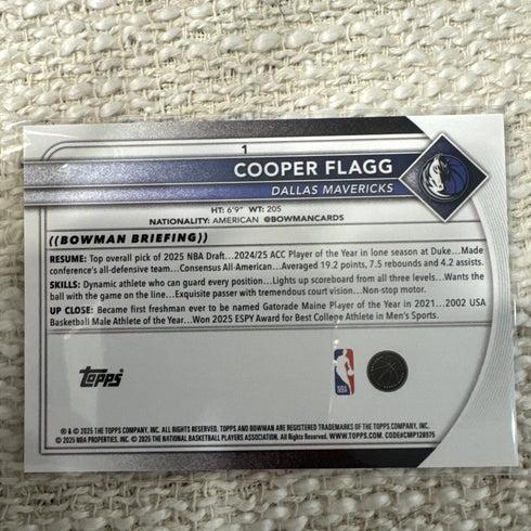 2025 Bowman Basketball Cooper Flagg #1 Base Rookie RC MAVERICKS
