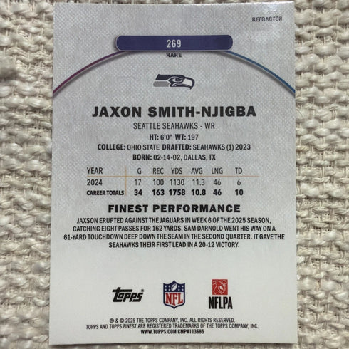 Jaxon Smith-Njigba 2025 Topps Finest Rare Base #269 - Seahawks