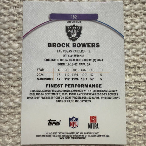 2025 Topps Finest #182 Brock Bowers Sky Blue Uncommon /250 Las Vegas Raiders